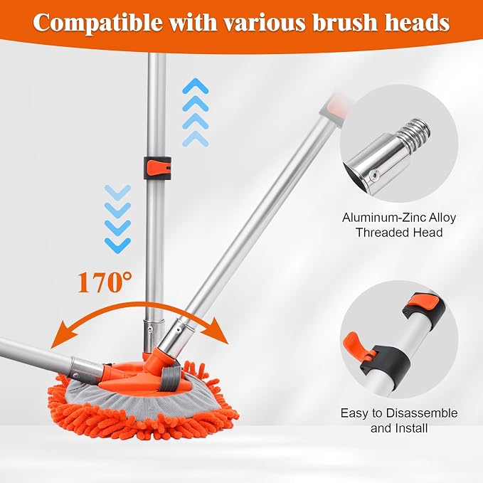 12FT Car Wash Brush with Long Handle, RV Wash Brush with Soft Chenille Microfiber Mop, Mitt and Windows Squeegee, Extendable Cleaning Kit for Truck, Boat or House Siding Ceiling, 5Pack