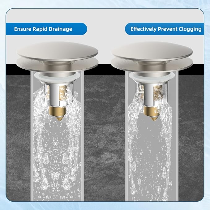 2 Pack Universal Metal Bathroom Sink Stopper, Hair Catcher, Brushed Nickel | Pop-Up Sink Drain Strainer with Detachable Filter, Drain Plug Fits 1.1"-2.36" US Basin, Large Cover Cap, Brass Bounce Core