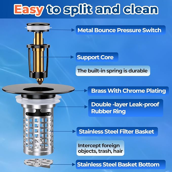 Bathroom Sink Drain Strainer (2Pack), Stainless Steel Pop-up Strainer Basket Hair Catcher with Removable Basket, Brass Bullet Core, Universal Fit 1.1-2.36 Inch