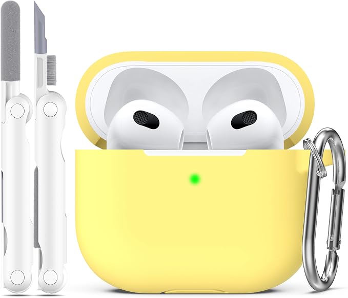 R-fun Compatible with AirPods 3 Case Cover, Silicone Protective Accessories Skin with Keychain Compatible with Apple AirPod 3rd Generation 2021 for Women Men Girls Boys,Front LED Visible,Yellow