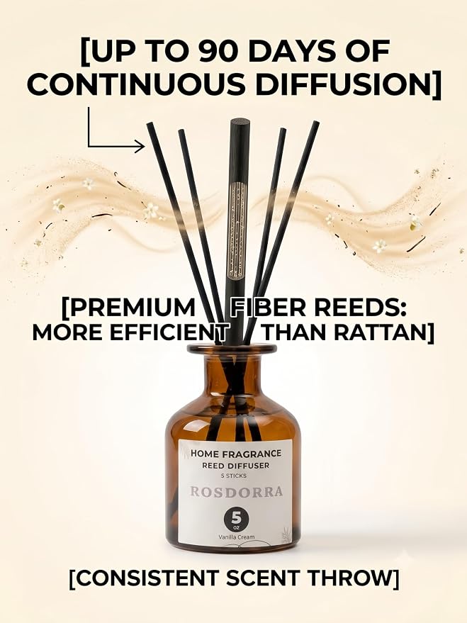 Reed Diffuser Set, 5oz, Vanilla Cream Cozy Scent | Home Fragrance w/5 Fiber Sticks, Rich Vanilla Cream Scent, 90-Day Diffusion, Pet-Safe Home Gift for Bath & Bedroom