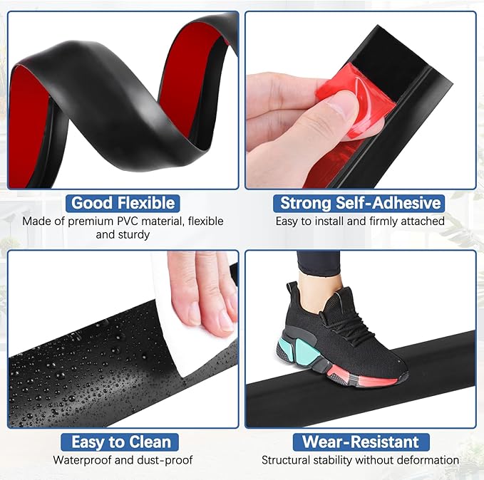 Vinyl Door Threshold Flooring Transition Strip Self Adhesive Carpet Edging Strip for Laminate Doorway Edge Threshold from 1/5" to 2/5" (Black, 6.6 Ft)