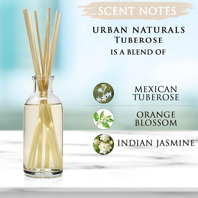 Reed Diffuser Set, Tuberose - Bathroom Shelf Décor | Exotic Tuberose and Fragrant Orange Blossom, Floral Room Freshener with Reeds, Vegan. Made in The USA