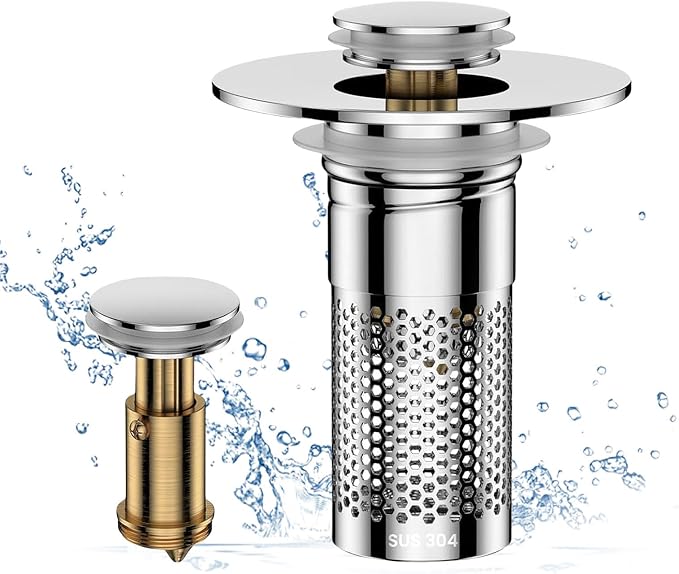 Bathroom Sink Drain Strainer, Universal Pop-up Sink Stopper with Removable Hair Catcher & Stainless Steel Filter Basket, Anti-Clog Drain Protector Fits Most US Standard Bathroom Sinks