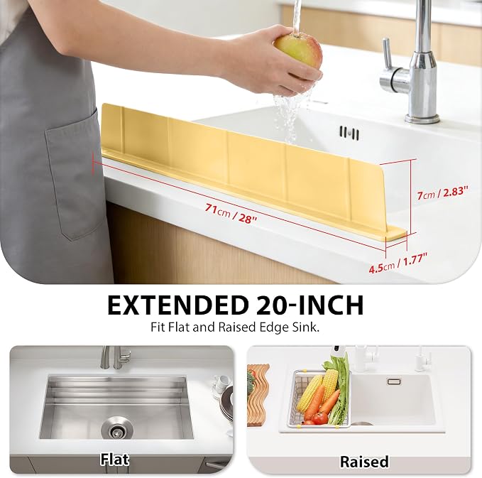 28Inch Silicone Sink Splash Guard with Strong Suction Cups, Flexible Kitchen Sink Splash Guard for Front of Sink, Easy to Clean Splash Guard for Kitchen & Bathroom (Yellow, 28''x2.8'')