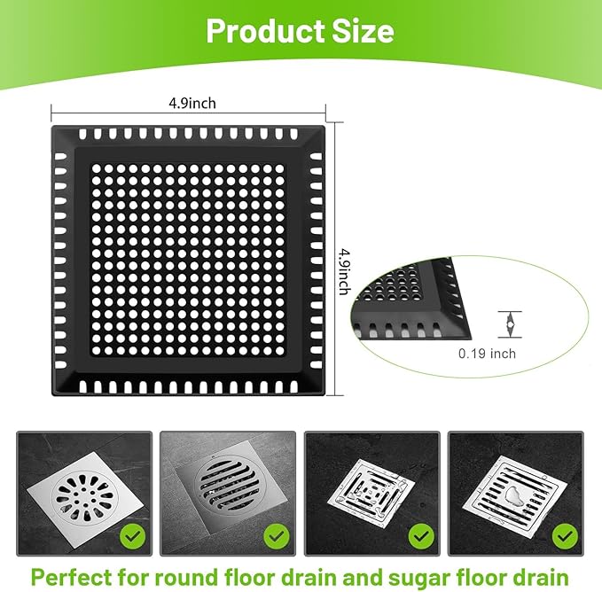 Aluvor Drain Hair Catcher,Shower Drain Cover Hair Catcher Shower Drain Strainer for Bathroom Floor,Square Shower Hair Drain Catcher to Keep Away from Clogged Drain (Matte Black, 4 inch) (Pack of 2)