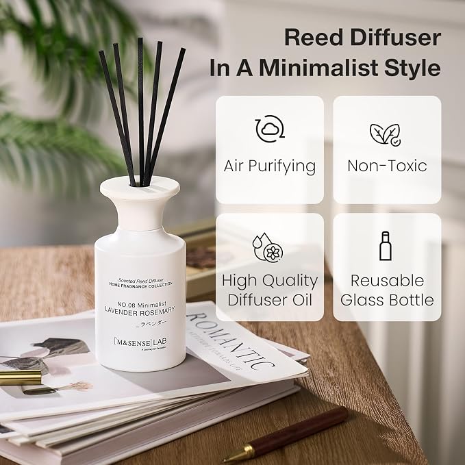 M&SENSE Minimalist Large Reed Diffuser 300ml, Lavender Rosemary Scented with Natural Essential Oils, Long Lasting with 7 Sticks, Non-Toxic Home Fragrance for Bedroom, Bathroom Decor