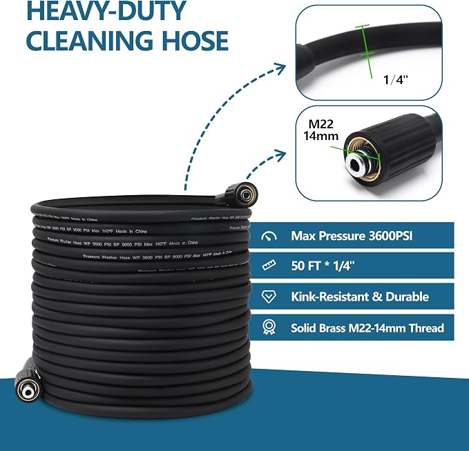 Pressure Washer Gun and Hose Kit, 50FT High Pressure Power Washer Hose with Spray Gun, Wand Extension, 5 Nozzle Tips, M22-14mm Fittings, 3600 PSI