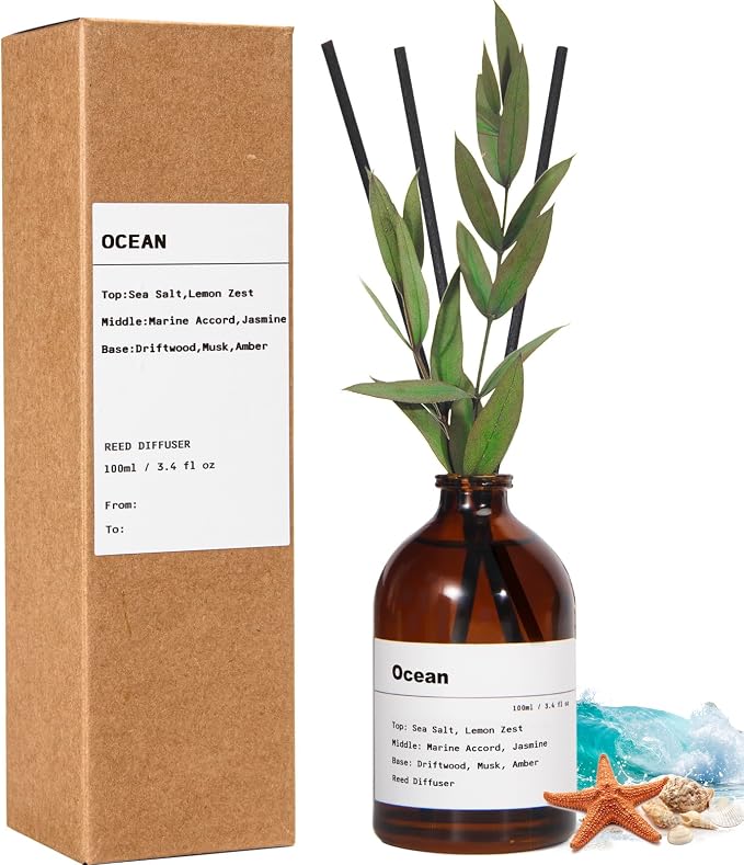 Reed Diffuser Set, Ocean Scent, 3.4 fl oz, Home Fragrance Reed Diffuser for Bathroom & Bedroom Decor
