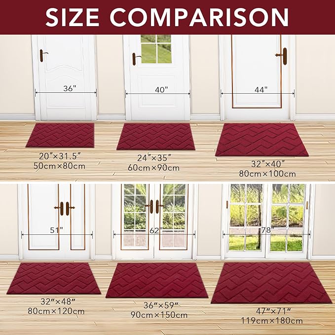 hicorfe Front Door Mat Outside Entrance,32"x40" Absorbent Muddy Dirt Resist Welcome Door Mats Outdoor Indoor,Stain and Fade Resistant,Non Slip Backing Entry Mat Doormat for Entryway(Red)