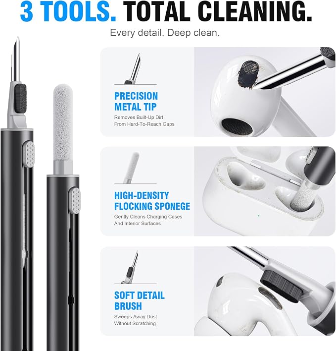 Hyashee Cleaner Kit for Airpods Pro 1 2 3 Multi-Function Cleaning Pen with Soft Brush Flocking Sponge for Bluetooth Earphones Case Cleaning Tools Black