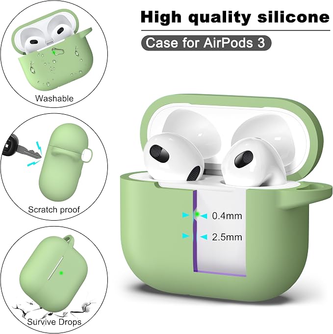 R-fun Compatible with AirPods 3 Case Cover, Silicone Protective Accessories Skin with Keychain Compatible with Apple AirPod 3rd Generation 2021 for Women Men Girls Boys,Front LED Visible,Avocado