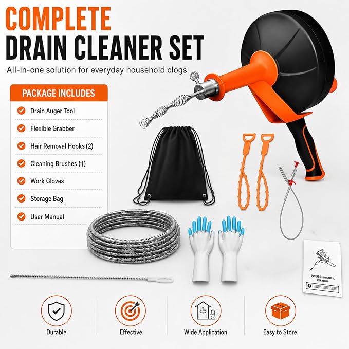 25FT Drain Auger with Drill Adapter, Durable Pipe-Safe Plumbing Snake, Auto-Retract Clog Remover for Kitchen Sink, Bathroom, Shower, Tub, Gloves Included