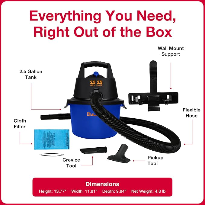Koblenz WD-2.5L Wet Dry Vacuum Cleaner, Accessories Included, 2.5 PHP | 60 CFM, 10 Ft Reach, Twist-N-Lock Hose, Wall Mount, Small Shop Vac, Portable Shop Vac for Home Car Garage, Blue/Black, WD