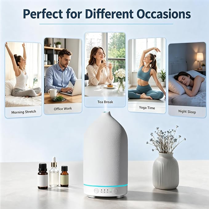 200ML Ceramic Essential Oil Diffuser for Home, Stone Diffuser | Ultrasonic Aromatherapy Diffuser & Air Humidifier for Bedroom, Office, Yoga, 7 LED Lights, Auto Shut-Off, 3 Timers, White