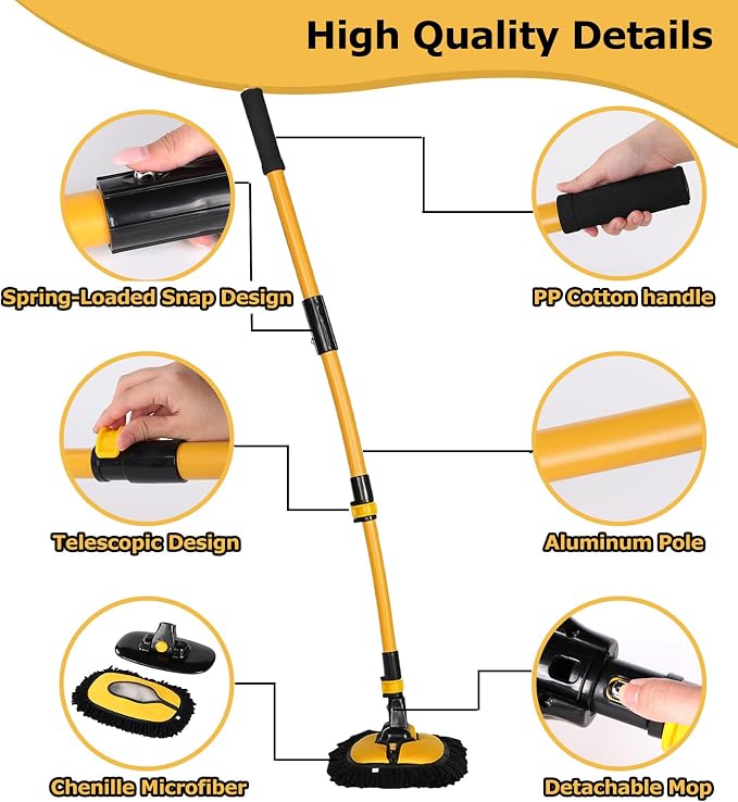 anngrowy 47.64" Car Wash Brush Mop Kit Mitt Sponge with Long Handle Car Cleaning Supplies Kit Tools Car Washing Duster Exterior Scratch Free, Chenille Replacement Head Extension Pole
