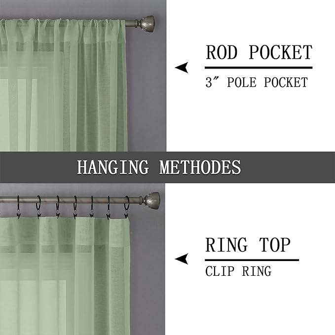Tollpiz Short Sheer Curtains Linen Textured Living Room Curtain Sheers Light Filtering Rod Pocket Voile Curtains for Bedroom, 42 x 45 inches Long, Sage Green, Set of 2 Panels