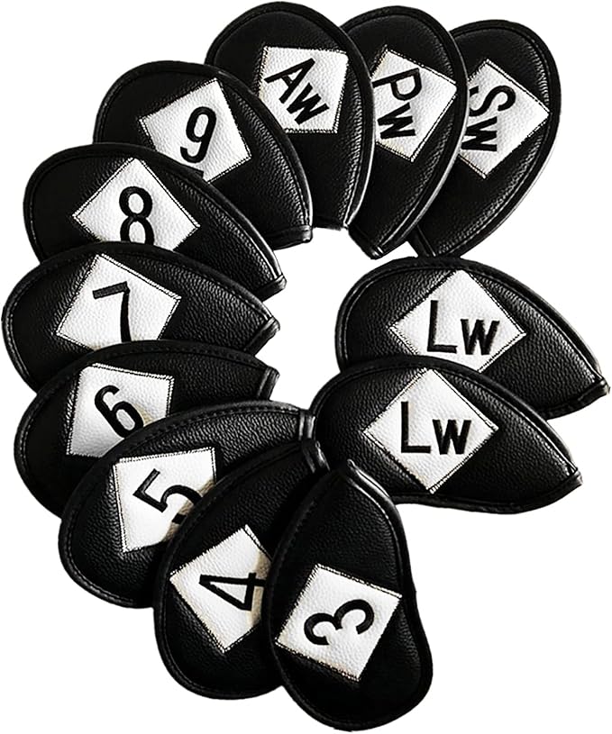 FINGER TEN Premium Synthetic Leather Stylish Iron & Wedge Golf Head Covers Value 12 Piece Set, Embroidered Labels & Fits Most Clubs Gift Set, Travel Protection Accessories