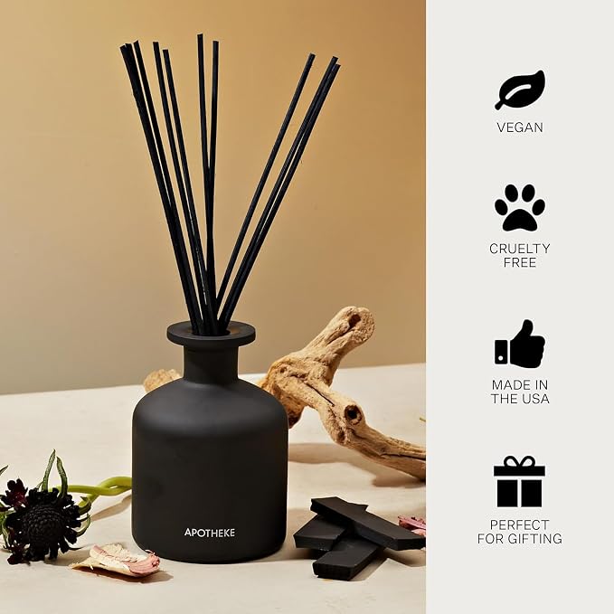 Apotheke Scented Reed Diffuser for Home, Charcoal, 10 Reed Sticks | 10 Rattan Scent Sticks, Long-lasting Fragrance with Essential Oil Aromatherapy for Bedroom & Bathroom - 6.7 Fl Oz
