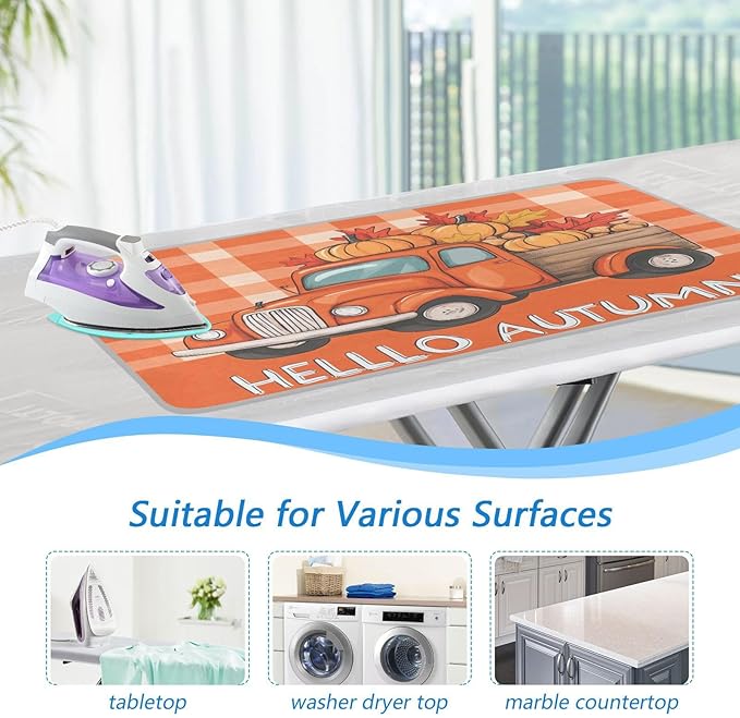 Ironing Mat Portable Ironing Pad Ironing Blanket for Table Top Heat Resistance Double-Side Using Travel Large 47.2 x 27.6 Inch Foldable Lightweight Autumn Truck Pumpkin Leaves