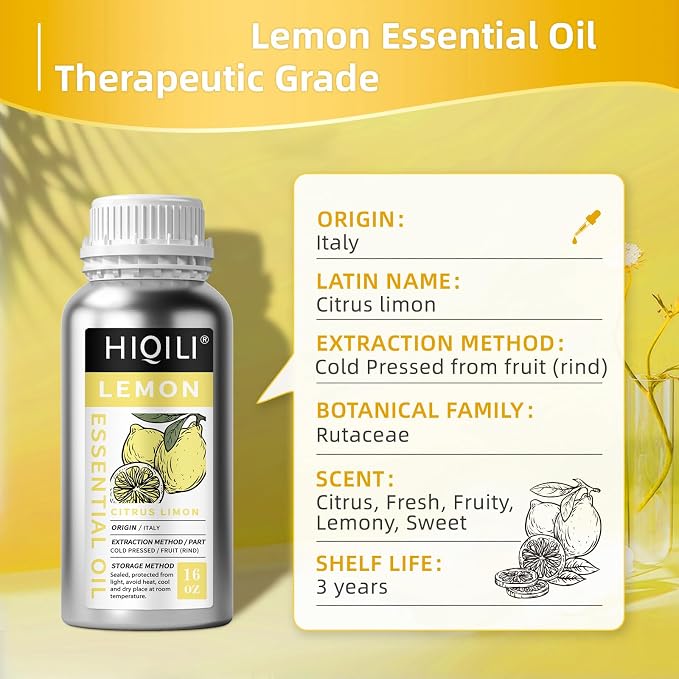 HIQILI Lemon Essential Oil for Cleaning, Skin & Diffuser | Can be added for degreasing, household use and aromatherapy purposes – 473mL / 16 fl.oz