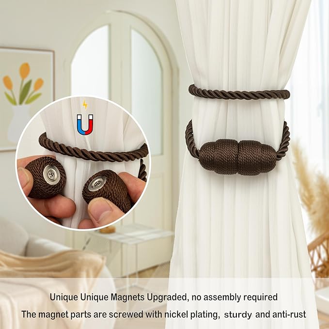 Magnetic Curtain Tiebacks Rope Curtain Tie Backs for Curtains 2 Pack Curtain Holders for Drapes Decorative Window Curtain Holdbacks, Coffee