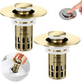 (All Metal) Bathroom Sink Stopper, Pop Up Drain Strainer for Bathroom Sink, Sink Plug Hair Catcher, Silent Popper Core w/Removable Filter Basket,Fit 1.05~2.0''Basin (Gold, 2 Pack)