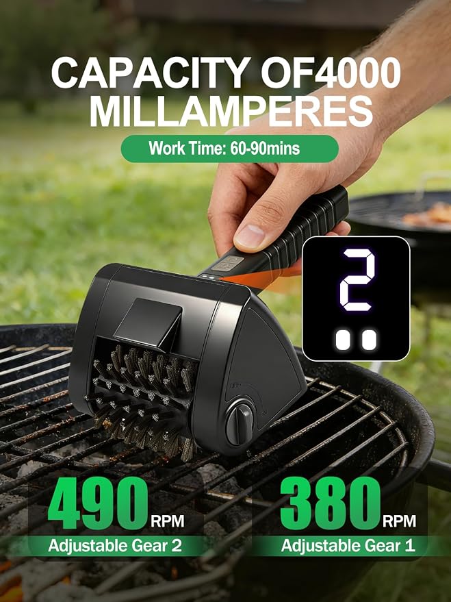 Electric Grill Brush, Cordless Rechargeable BBQ Cleaner with 4000mAh Battery, 2-Speed, LED Light, 304 Stainless Steel Removable Brush Head, Grill Clean Tool for Outdoor Grill