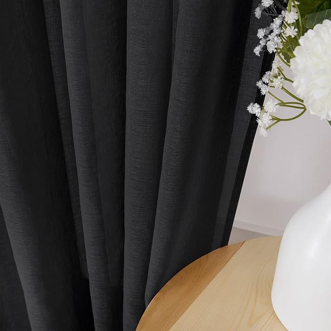 Tollpiz Sheer Tier Curtain Linen Textured Half Kitchen Curtains Sheer Light Filtering Rod Pocket Voile Small Curtains for Bathroom, 25 x 36 inches Long, Black, Set of 2 Panels