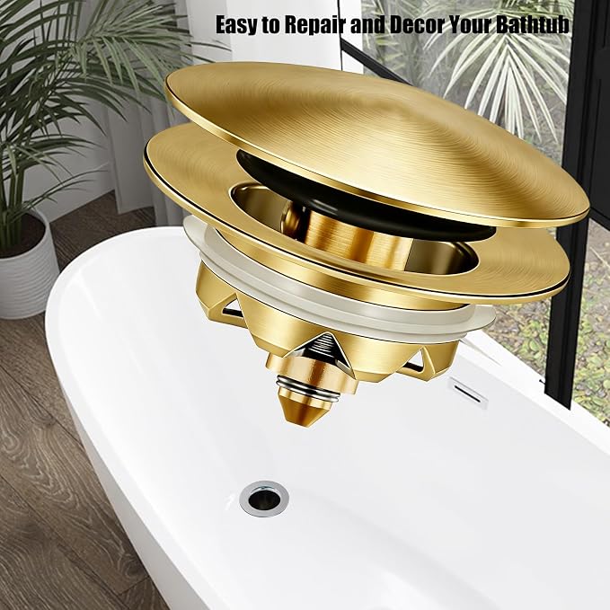 Anlige Bathtub Drain Stopper, Pop Up Tub Stopper and Cover, Bottom with Hair Catcher, Universal for 1.45 in to 1.8 in Drain, Replaces Old Drain Plug, Brushed Gold