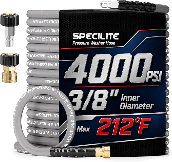 SPECILITE 75FT X 3/8" Pressure Washer Hose for Hot & Cold Max 212℉, 4000 PSI High Durability Steel Braided Layer Power Washer Hoses with 2 M22-14mm QC Adapters, Heavy Duty and Kink Resistant