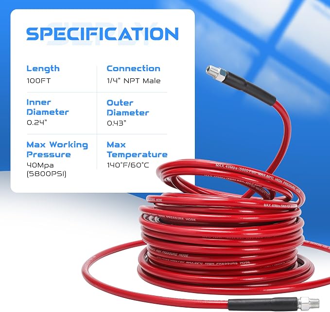 Sewer Jetter Kit for Pressure Washer 100 FT, Drain Cleaner Hose with Power Washer Gun, 1/4 Inch NPT Corner, Rotating and Button Nose Sewer Jetting Nozzle,Waterproof Tape, Pearl Corsage Pin, Spanner