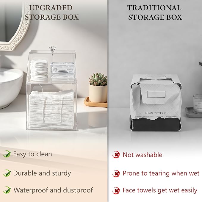 Anyoifax Disposable Facial Towels Storage Double Layer Acrylic Box, Clear | Face Towelettes Holder with Clean Skin Club Clean Towel XL Cotton Pads Container Qtip Bin for Bathroom Counter