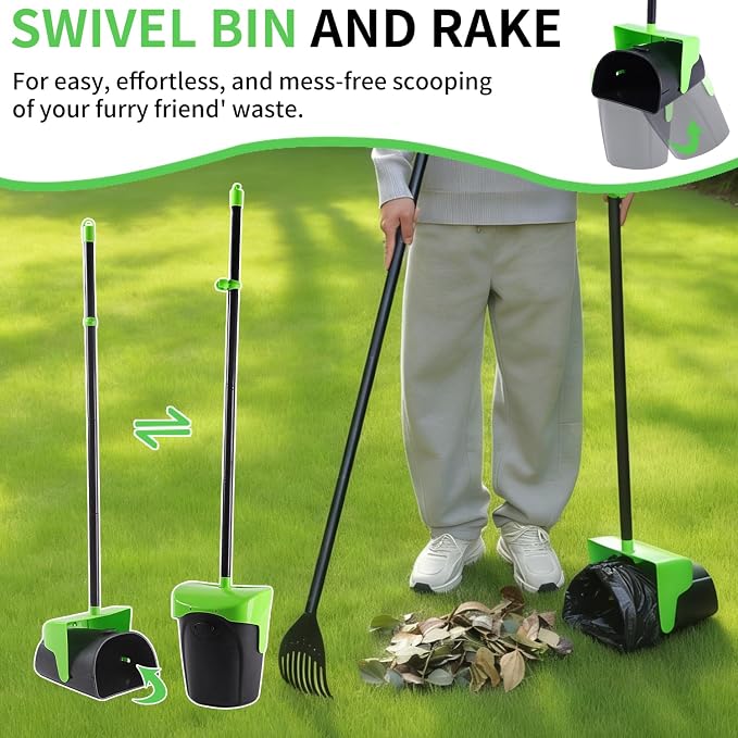 ienjoyed 43" Tall Pooper Scooper Large Swivel Bin & Rake with 100 Waste Bags,Heavy Duty Dog Pooper Scooper for Dogs, Long Handle Poop Scooper with Lid for Yard, Grass, Gravel (Green)
