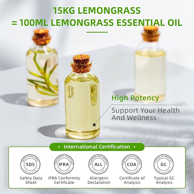 HIQILI Lemongrass Essential Oil Large Capacity for Body Massage | Crisp Herb Scent for Diffuser, DIY Blends, SPA, Scent Spray, Skin Blends, Shampoo & Lotion - 1000 mL / 32 fl oz