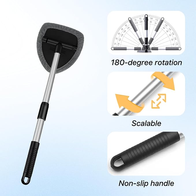 Car Windshield Cleaner Tool Kit with Extendable Handle, Vehicle Window Cleaner with 4 Microfiber Pads and 1 Empty Spray Bottle, Auto Windscreen Cleaning Tool, Universal Fit (Triangle)