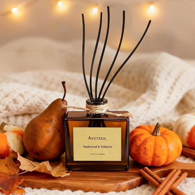 Reed Diffuser, Teakwood & Tobacco Essential Oil Diffuser with Dried Flowers, 3.4 oz Musk Scented Oil, Handmade Home Decor Air Freshener, Long-Lasting Room Scent for Office, Bathroom | 3.4oz Woody Scented Oil with Curved Sticks, Handmade Home Decor Air ...