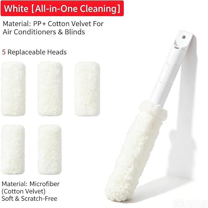 5-in-1 Window Blind Duster with 2 Microfiber Sleeves, Detail Cleaning Brush for Air Conditioner Vent, Shutter, Fan Blade, Keyboard, Nozzle