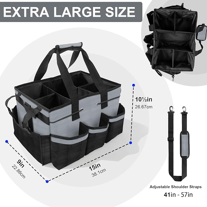 ALSLEA Large Cleaning Caddy Bag 15" x 10½" x 9" Heavy-Duty Organizer Tote for Home, Housekeepers, Janitors Cleaning Caddy for Cleaning Supplies with Shoulder Strap & Multiple Pockets (Gray)