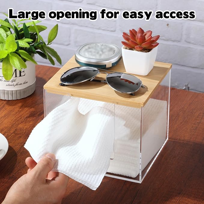 Rainmae Disposable Face Towel Holder, Acrylic Cosmetic Facial Towel Storage Box for XL Clean Skin Club, Upgrade Tissue Holder with Bamboo Lid Towel Organizer Container for Bathroom Vanity Countertop