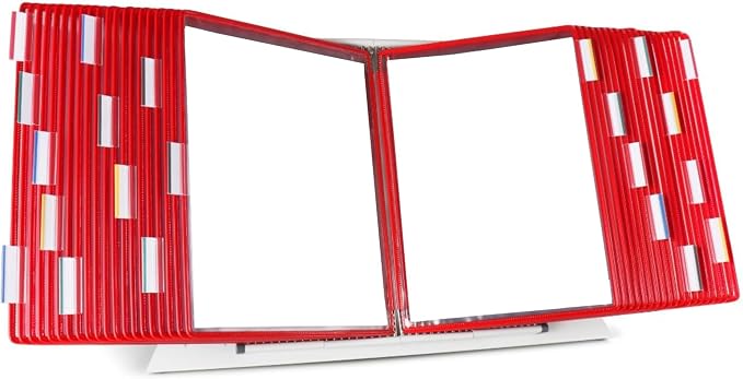 Tarifold Desktop Reference Display System, 40 Pockets, Expandable, Red | 40 double-sided PVC pockets, holds 80 letter-size sheets, sturdy metal base, quick-find indexing, quick and easy to assemble