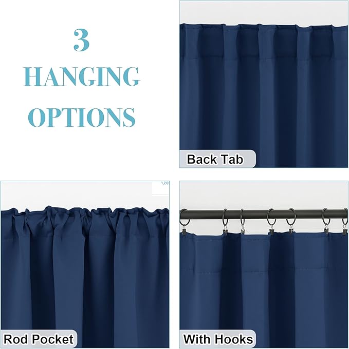RYB HOME Blackout Curtains for Living Room, Back Tab & Rod Pocket Top Insulating Window Decor for Bedroom Dining Classroom Home Office, W 62 x L 72, Navy, 2 Panels