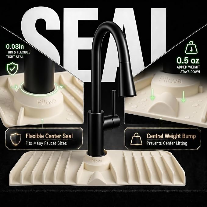 Premium Kitchen Sink Splash Guard – 16" x 5.7" Silicone Faucet Mat with Secure Pressure Clip, True 10° 3D Drainage(No Pooling), Anti-Lift Design, Flexible Leak-Sealing Ring, Non-Slip Fit Behind Faucet