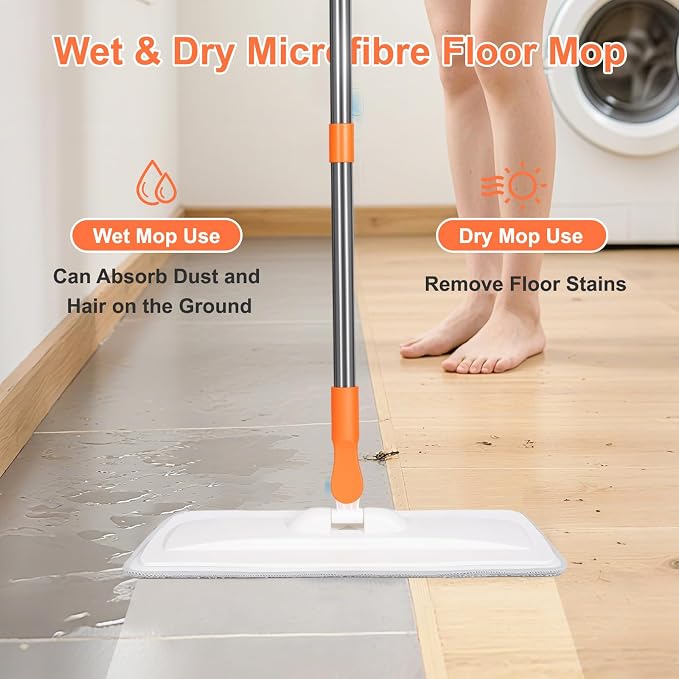 wlich Microfiber Flat Mop, 55" Extendable, 2 Washable Pads, White & Orange | Wet & Dry Cleaning, 360° Swivel Head, Lightweight Aluminium Handle for Tile, Wood, Laminate and Marble Floors