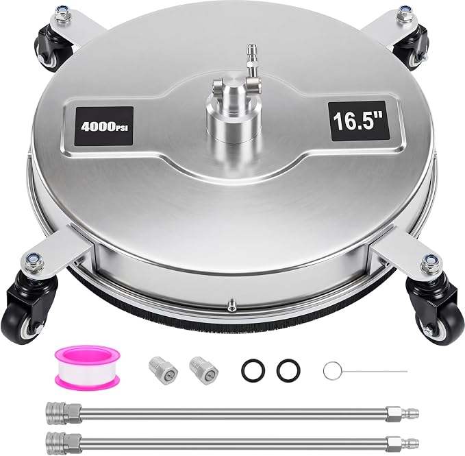 Dalmbox 16.5" Pressure Washer Surface Cleaner, 4-Wheel Stainless Steel Rotary Attachment, 1/4” Quick Connect, 4000 PSI Cleaner for Patio, Driveway, Concrete & Sidewalk Power Washer Attachment