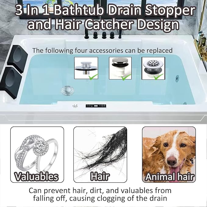 AzWzz Bathtub Drain Stopper, Pop Up Tub Stopper Plug with Bathtub Drain Hair Catcher Cover, Universal for 1.45 in to 1.8 in Tub Drain, Brushed Nickel