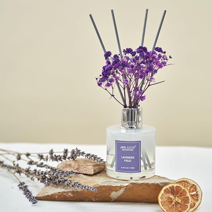 Reed Diffuser Set,3.38 fl oz (100 ml) - Lavender Field Oil Diffusers with 8 Reed Sticks, Home Fragrance Reed Diffuser for Bathroom Shelf Decor