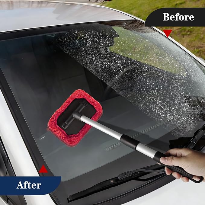 Windshield Cleaning Tool, Car Window Cleaner, Vehicle Window Cleaner with Extendable Handle & 2 Washable Microfiber Pads, Car Interior Glass Wiper Cleaning Kit for Most Vehicles (Red)