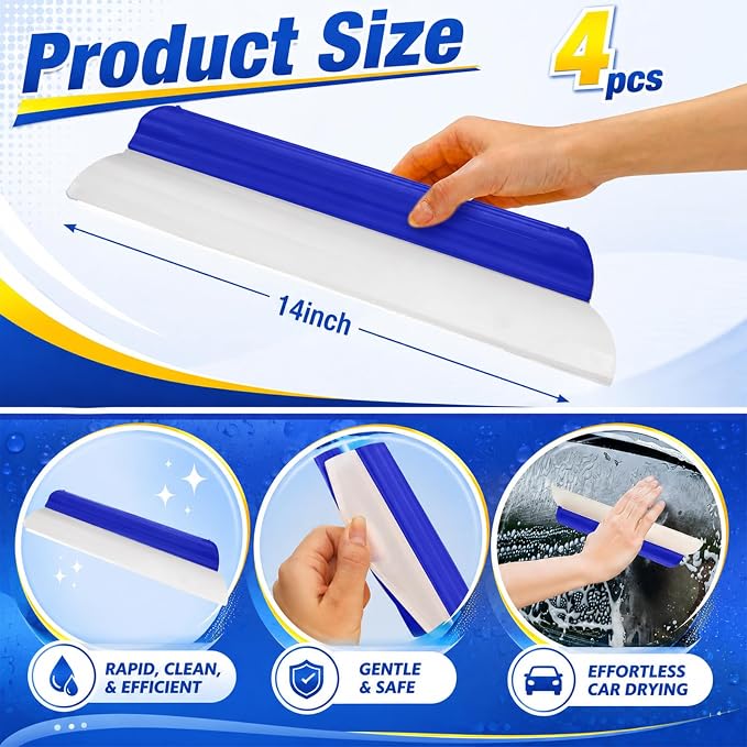 4 Pack 14 Inch Car Drying Squeegee Blue Silicone Window Blade | Flexible Silicone for Drying Windshield Shower Glass, Bathroom Window Cleaner, T-bar Design, Long Handle Wash Tool