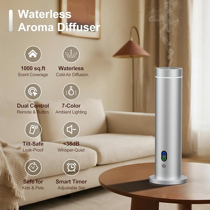 Waterless Diffuser, Essential Oil Diffuser, 1000 Sq.Ft Coverage Scent Diffuser – Plug-in Only, Adjustable Mist, Remote, Mood Lights for Home & Office, Large Room, Hotel, Silver